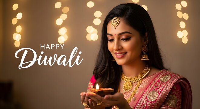Beautiful indian woman in traditional clothing holding a glowing diya lamp celebrating the festival of diwali