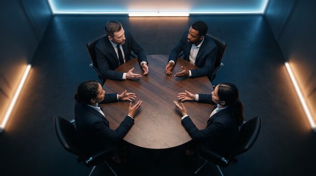 High Angle View of Diverse Business Executives Having Serious Discussion Around Round Table in Modern Dark Office Boardroom