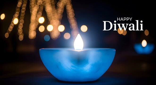 A glowing blue diya oil lamp with blurred festive lights in the background celebrating the indian festival diwali