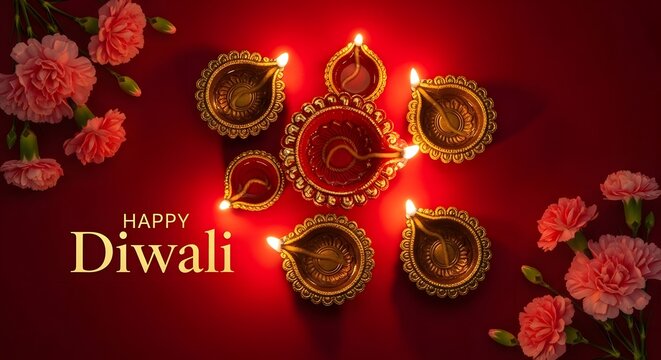 Beautiful diwali greeting card featuring glowing oil lamps and pink flowers on a dark red background