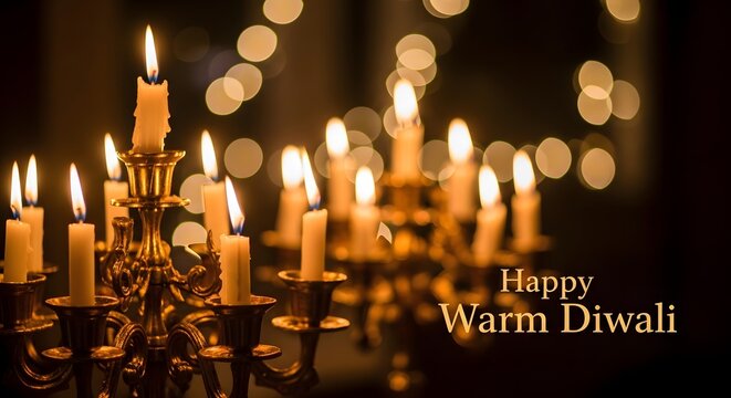 A festive display of glowing candles in a vintage candelabra celebrating the indian festival of lights diwali