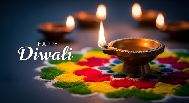 Happy diwali greeting card with traditional oil lamps and colorful floral rangoli pattern on dark background