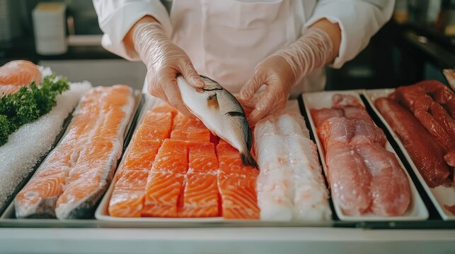 A person wearing gloves handles fresh fish and seafood, displaying various cuts of salmon, shrimp, and other fish at a market or seafood counter.