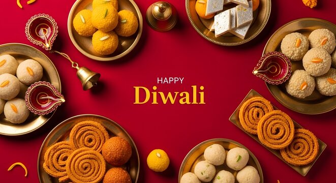 Festive diwali background with traditional indian sweets and glowing oil lamps on a vibrant red surface