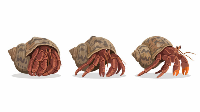Three hermit crabs in shells shown from different angles on a white background.