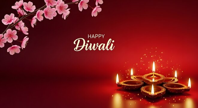 Happy diwali greeting card with glowing traditional oil lamps and beautiful pink flowers on a deep red background