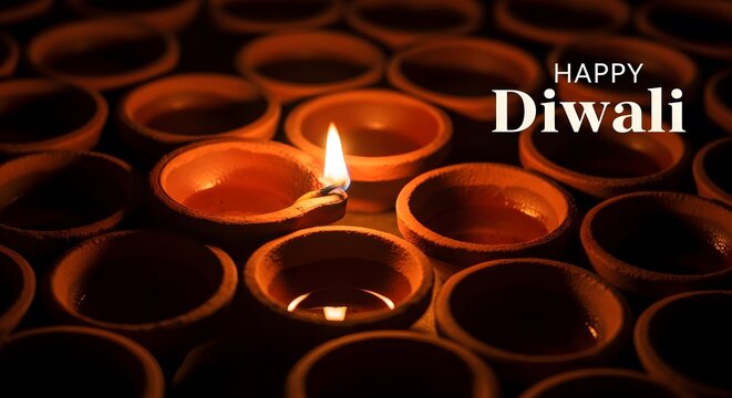Traditional clay oil lamps glowing in the dark for the hindu festival of lights happy diwali celebration