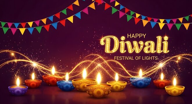 Happy diwali greeting card background with colorful glowing oil lamps and festive bunting decorations on dark background