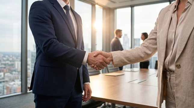 Male and female business partners in suits, handshake detail with blurred background, shaking hands during greeting, in bright open space office, corporate teamwork photography