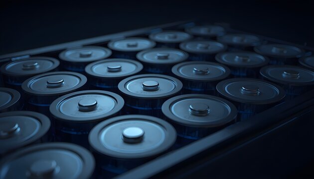 Lithium ion battery cells arranged in a structured pack module are illuminated by subtle blue reflections for electric vehicle power and energy storage technology.