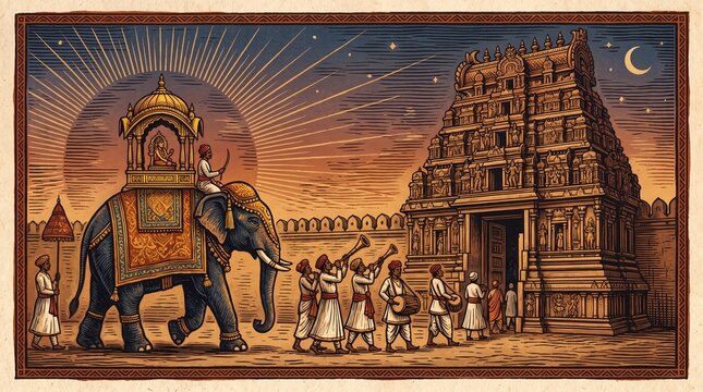 Traditional Indian woodcut illustration of a decorated temple elephant procession in front of a massive ancient gopuram