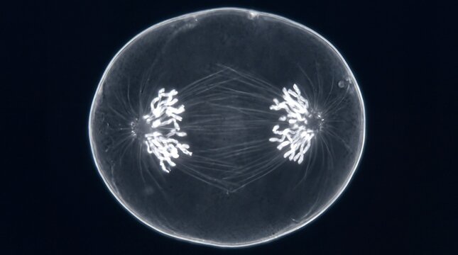 Microscopic view of cell meiosis process with spindle fibers