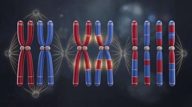 Meiosis process showing chromosome crossing over in 3d render