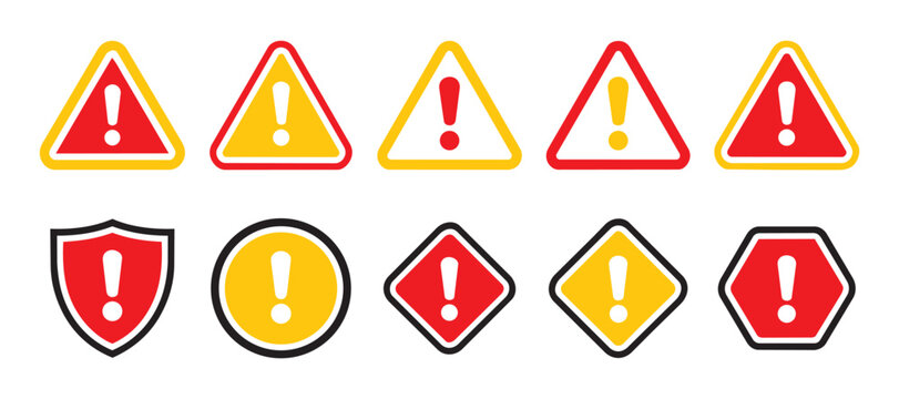 Collection of attention and warning hazard warning symbol signs featuring distinct shapes including triangle shield circle diamond and hexagon in red and yellow outline styles.