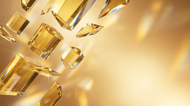 Abstract golden crystal facets reflecting light with copy space