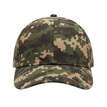 Military camouflage baseball cap for outdoor use isolated on transparent background