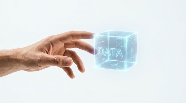 Hand touching glowing digital data cube hologram in futuristic technology concept
