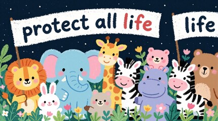 Fototapeta premium Cute cartoon animals hold white banners with protect life text. Lion, elephant, giraffe, zebra, hippo, bear protest for wildlife conservation. Diverse jungle creatures stand together in forest to