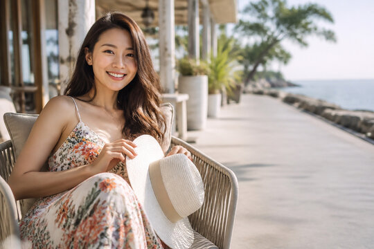 リゾートテラスで帽子を持ち微笑む日本人女性 Generative AI