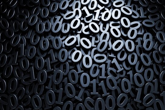 Abstract 3D background with black binary numbers. Floating zero, one digits create digital data texture. Computer code pattern with dark volumetric lighting. Math algorithm, big data concept for