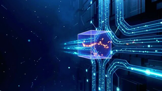 Quantum computing technology concept with glowing data cube. Futuristic digital motherboard circuit board with blue light energy. High tech artificial intelligence and cloud server background.