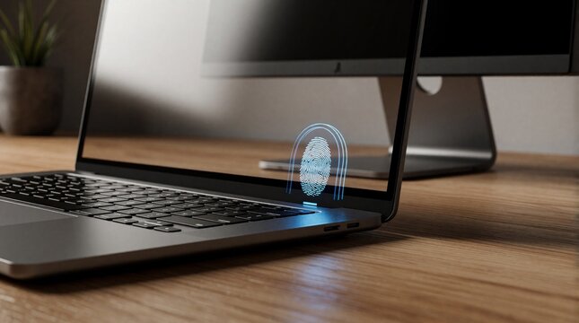 Laptop screen displays glowing fingerprint for digital login. Biometric scan provides secure access to data on desk. Modern tech for user privacy and data protection.