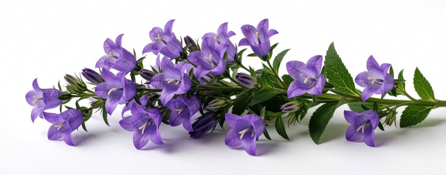 Fresh bouquet of purple bellflowers on white background. Bunch of violet campanula blossoms with green leaves lies horizontal. Beautiful spring wildflower stems for decoration, wedding florist