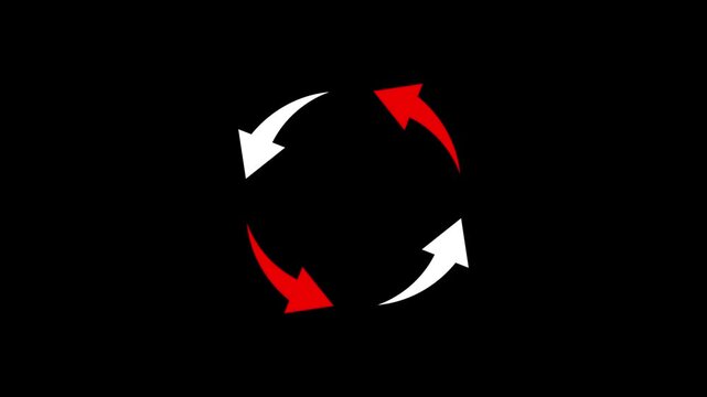 Rotating circular arrow loading animation, red and white cycle on black background, continuous process loop for ui | 4K Motion video