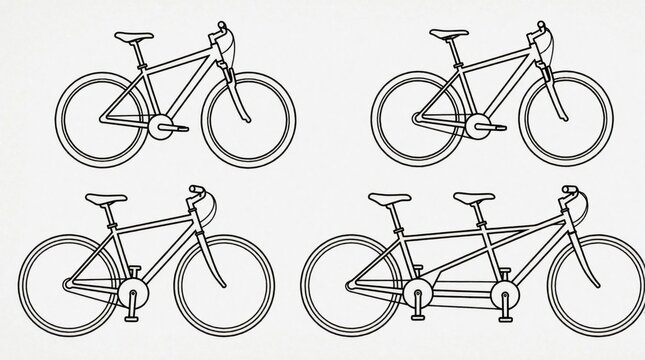 Minimalist black line art set with various bike designs. Collection includes mountain bike, city bicycle, long tandem cycle. Simple outline icons for graphic design, transport logos, urban mobility