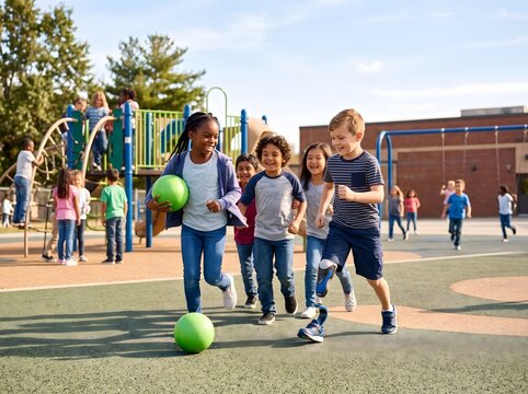 Diverse group of happy children playing soccer on a sunny school playground outdoors