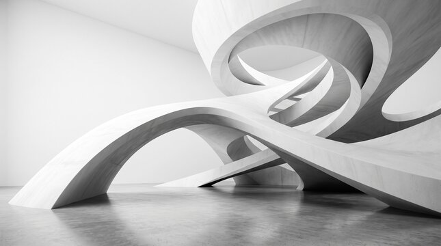 Abstract white futuristic architecture interior with organic parametric curved structures and clean concrete floor with empty copy space