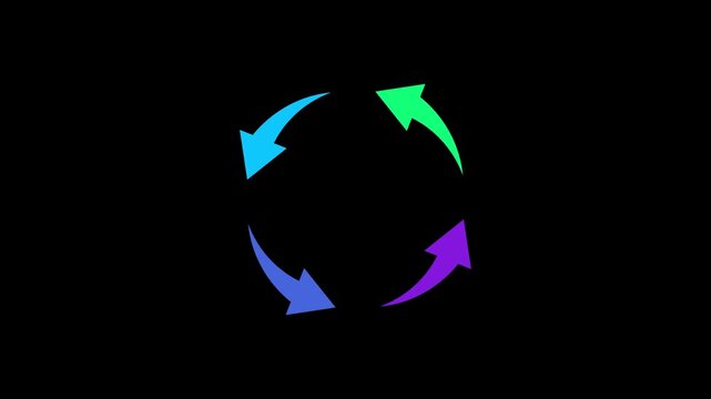 Colorful gradient circular loading spinner animation, rotating arrows for ui ux on black background progress | 4K Motion video