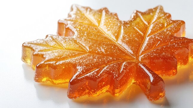 Clear amber maple leaf candy coated in sugar sparkles. Delicious sweet confection glistens on white background, close up detail of sugary treat.