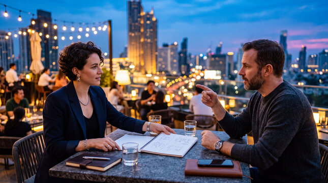 Creative Director Negotiating Project Scope at Rooftop Cafe