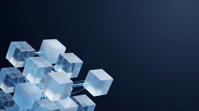 Geometric structure of translucent glowing blocks linked by luminous digital threads for artificial intelligence and cloud computing architecture
