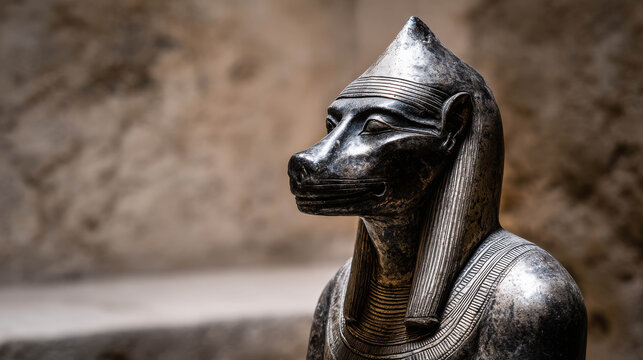 An ancient Egyptian statue of Anubis, the god of the afterlife, depicted with a jackal's head and wearing traditional headdress, set against a stone background