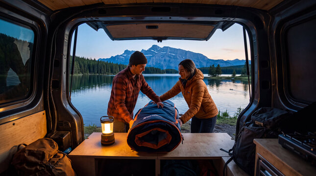 Couple Loading Camper From Cargo Interior View