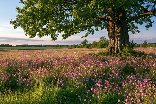 Pink campion meadow with a large tree and green landscape