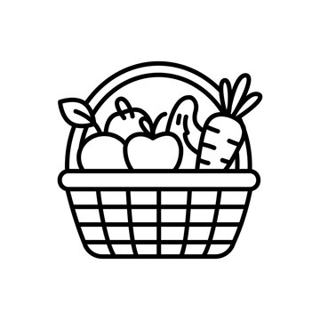 A clean minimalist outline icon showing a basket overflowing with fresh produce like carrots and apples. Symbolizes organic farming, sustainable agriculture, local produce, and healthy eating.