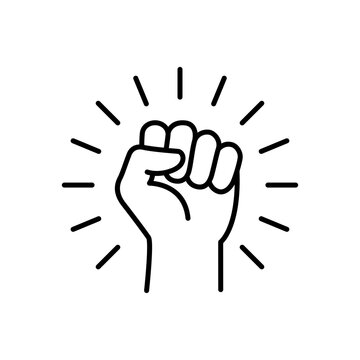 A powerful line art icon showing a raised fist surrounded by shining light rays. Denotes environmental activism, personal empowerment, motivation, driving change, and resilience.
