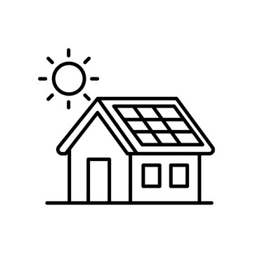 A minimalist line icon of a modern house equipped with rooftop solar panels facing a bright sun. Illustrates renewable energy, solar power, green home design, energy efficiency, and eco architecture.