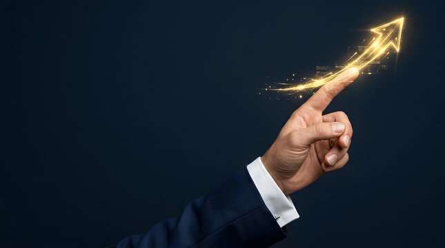 Businessman hand pointing up with a glowing gold arrow symbolizing growth, success, and financial progress on a dark background.