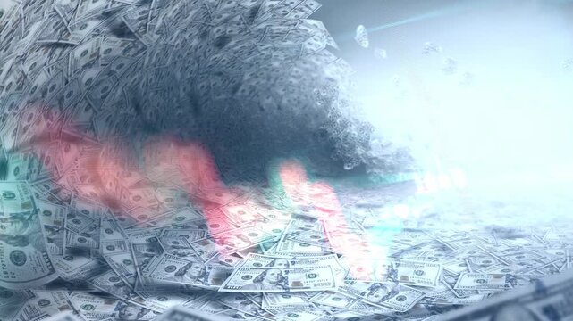 A dynamic timelapse video featuring fast moving stock market candlestick bars blended with dollars shaped like a massive tsunami wave, representing market volatility, cash inflow, and financial power.