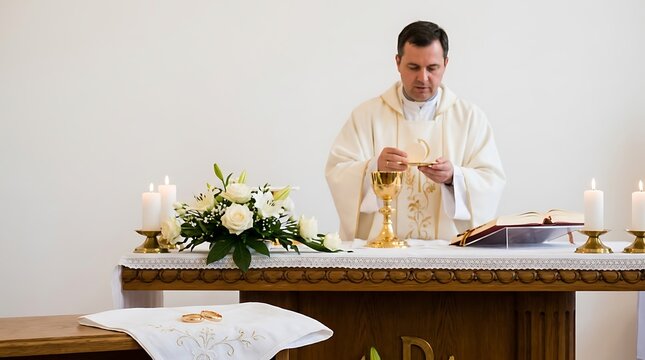 Priest performing a wedding ceremony with rings and flowers on the altar
