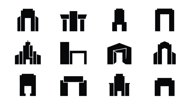 Modern minimalist building silhouette icons set