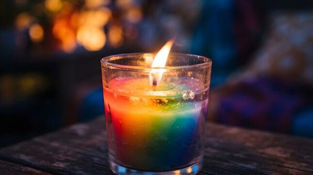 Layered rainbow candle burning with a bright flame in a softly blurred background