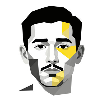 Geometric Stylized Portrait of a Young Man with Mustache in Modern Vector Illustration Style Using Sharp Abstract Polygons and Yellow Accents on White Background