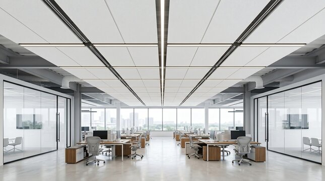 Modern office interior with workstations and glass partitions bright daylight