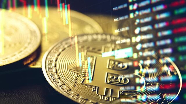 A dynamic timelapse video featuring fast moving stock market candlestick bars blended with golden bitcoin coins, representing cryptocurrency trading, digital assets, and market volatility.