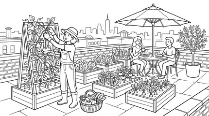 Obraz premium Urban rooftop garden with people tending plants and relaxing at a table, city skyline background, line art illustration